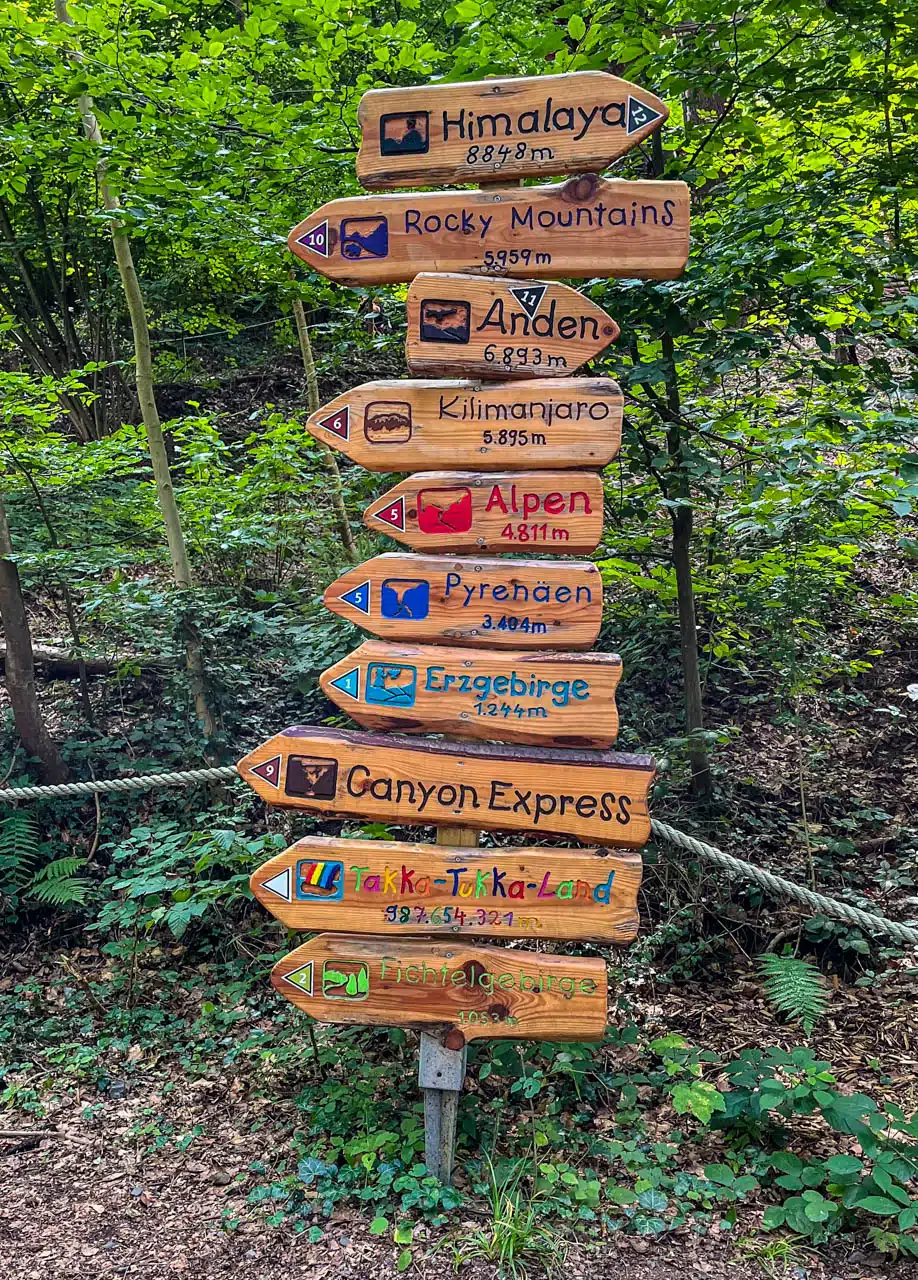 Bild mit den Wegeweisern zu den Parcours im Kletterpark.